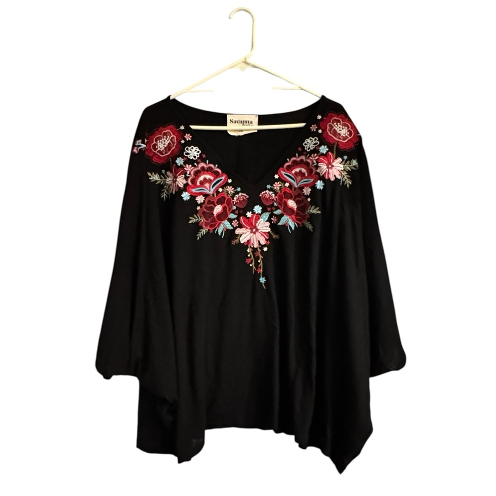 Savanna Jane Embroidered Black V-neck Poncho Tunic Top